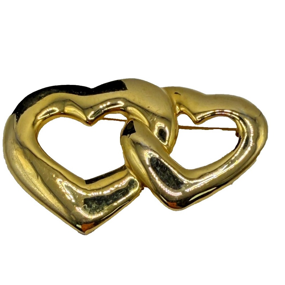 Goldtone Interlocking Double Heart Brooch Pin Back